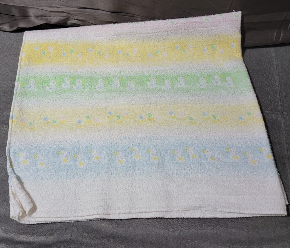 Reigel Baby Blanket Yellow Blue White Green Duck Print Made in USA Cotton VTG